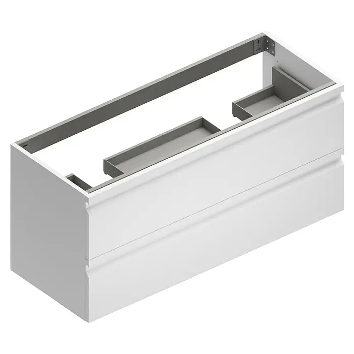 Camargue Pull Waschtischunterschrank - B x T x H: 120 x 45,4 x 55 cm, Weiß - Das Bild zeigt einen weißen Badezimmerschrank mit zwei Schubladen und einer grauen Innenausstattung. Der Schrank hat eine moderne, minimalistische Optik.