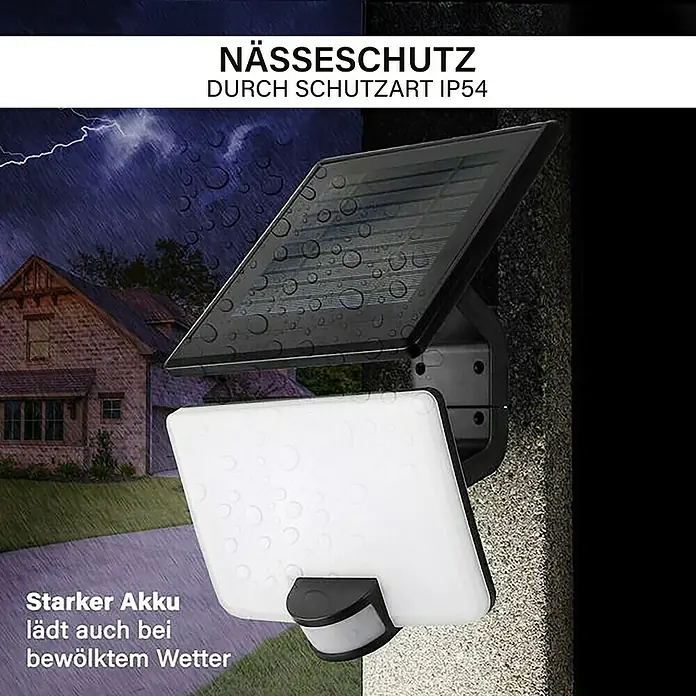 MegaLight Solar-LED-Strahler - 8 W, 4.000 K, 800 lm, 17,8 x 14 x 29 cm, IP54 - Das Bild zeigt eine wetterfeste Solarleuchte mit Bewegungssensor vor einem Haus im Regen.