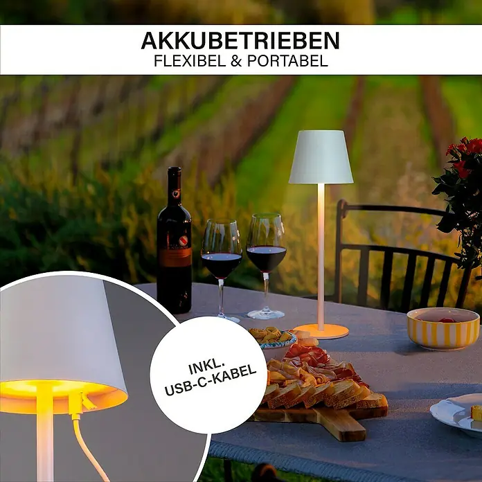 MegaLight Akku-Tischleuchte Classic - L x B x H: 11,5 x 11,5 x 36 cm, Bernstein, IP54, Weiß - Elegante, akkubetriebene Tischleuchte mit USB-C-Kabel. Flexibel einsetzbar für stimmungsvolle Abende im Freien, ideal für Wein und Snacks.