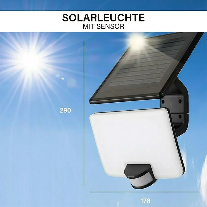 MegaLight Solar-LED-Strahler - 8 W, 4.000 K, 800 lm, 17,8 x 14 x 29 cm, IP54 - Solarleuchte mit Sensor, die 290mm hoch und 178mm breit ist. Sie nutzt Sonnenenergie und verfügt über einen Sensor für automatische Aktivierung.