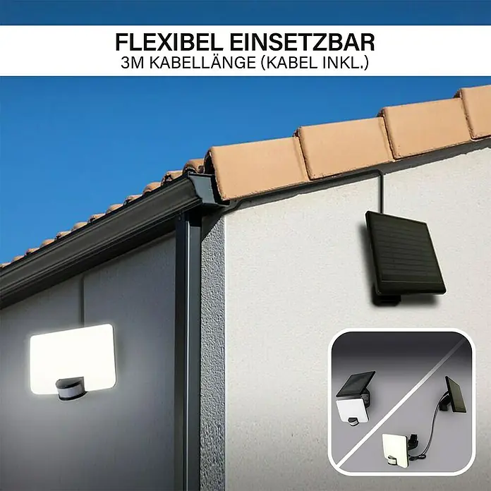 MegaLight Solar-LED-Strahler - 8 W, 4.000 K, 800 lm, 17,8 x 14 x 29 cm, IP54 - Solarleuchte mit 3m Kabellänge für flexible Montage am Haus. Das Panel speichert Sonnenenergie und leuchtet bei Dunkelheit.
