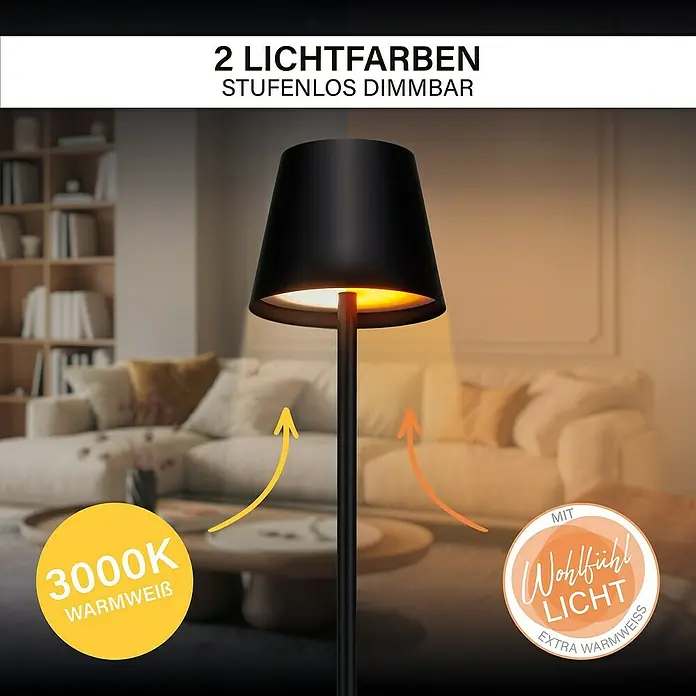 MegaLight Akku-Tischleuchte Classic - L x B x H: 11,5 x 11,5 x 36 cm, Bernstein, IP54, Schwarz - Die elegante Stehlampe mit zwei Lichtfarben und stufenloser Dimmfunktion sorgt für eine angenehme Atmosphäre.