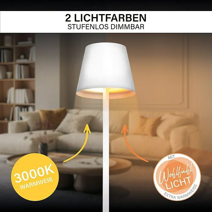 MegaLight Akku-Tischleuchte Classic - L x B x H: 11,5 x 11,5 x 36 cm, Bernstein, IP54, Weiß - Bild einer dimmbaren Stehlampe mit zwei Lichtfarben, die für eine angenehme Atmosphäre im Wohnzimmer sorgt.