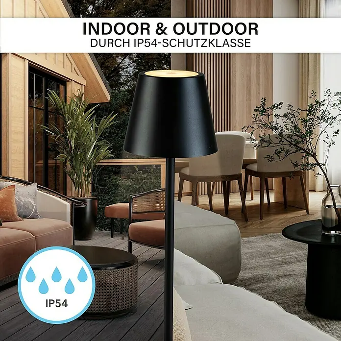 MegaLight Akku-Tischleuchte Classic - L x B x H: 11,5 x 11,5 x 36 cm, Bernstein, IP54, Schwarz - Das Bild zeigt eine stilvolle, schwarze Stehlampe, die sowohl für den Innen- als auch für den Außenbereich geeignet ist und durch IP54-Schutzklasse überzeugt.