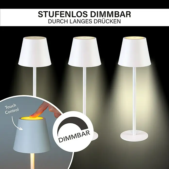 MegaLight Akku-Tischleuchte Classic - L x B x H: 11,5 x 11,5 x 36 cm, Bernstein, IP54, Weiß - Elegante Tischlampe mit stufenloser Dimmfunktion durch langes Drücken für eine stimmungsvolle Beleuchtung.