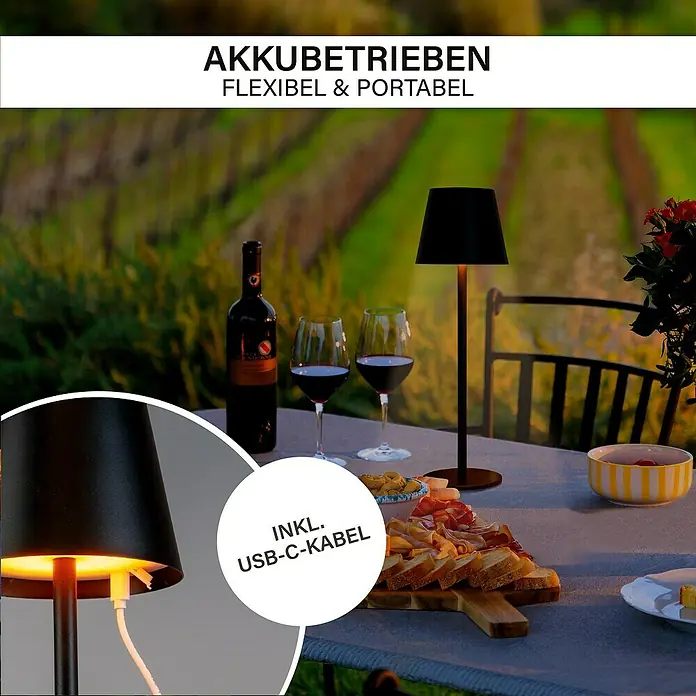 MegaLight Akku-Tischleuchte Classic - L x B x H: 11,5 x 11,5 x 36 cm, Bernstein, IP54, Schwarz - Akkuleuchte: Flexibel & portabel mit USB-C-Kabel. Tischleuchte für stimmungsvolle Abende im Garten, ideal für Wein und Snacks.