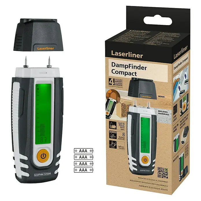 Laserliner Feuchtigkeitsmessgerät Compact - Geeignet für: Baumaterialien/Holz - Das Laserliner DampFinder Compact Feuchtigkeitsmessgerät mit digitaler Anzeige und Schutzkappe zur Messung von Holz und Baumaterialfeuchte.