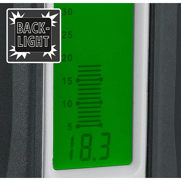 Laserliner Feuchtigkeitsmessgerät Compact - Geeignet für: Baumaterialien/Holz - Nahaufnahme eines digitalen Feuchtigkeitsmessgeräts mit einer Anzeige von 18,3 und einer Hintergrundbeleuchtung.