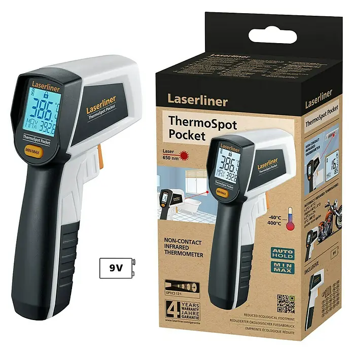 Laserliner Infrarot-Thermometer Pocket - Messbereich Temperatur: -40 °C - 400 °C - Laserliner ThermoSpot Pocket Infrarot-Thermometer mit Verpackung.