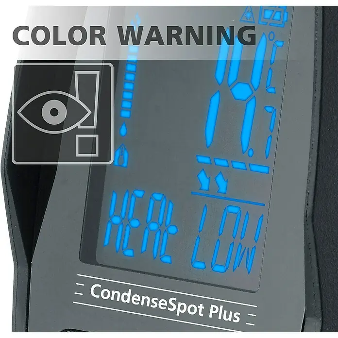 Laserliner Infrarot-Thermometer Condensespot Plus - Messbereich: -38 °C bis +365 °C - Nahaufnahme des CondenseSpot Plus, das eine Warnung, eine Temperaturanzeige und eine Anzeige für niedrige Heizleistung anzeigt.