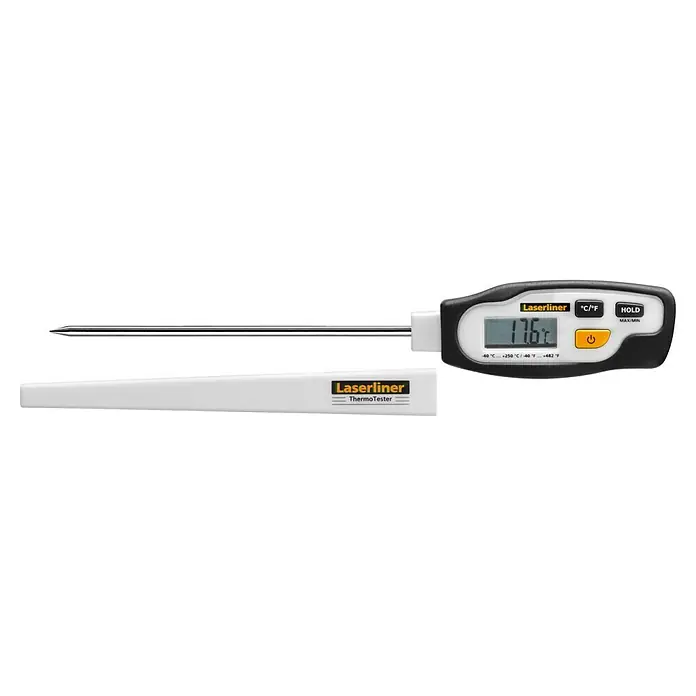 Laserliner Thermometer - Messbereich Temperatur: -40 °C - 250 °C - Laserliner ThermoTester: Ein digitales Einstichthermometer mit Temperaturanzeige und praktischer Schutzhülle für präzise Messungen.
