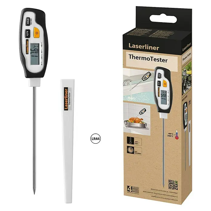 Laserliner Thermometer - Messbereich Temperatur: -40 °C - 250 °C - Das Laserliner ThermoTester Set mit digitalem Thermometer und Produktverpackung für präzise Temperaturmessungen in Küche und Haushalt.