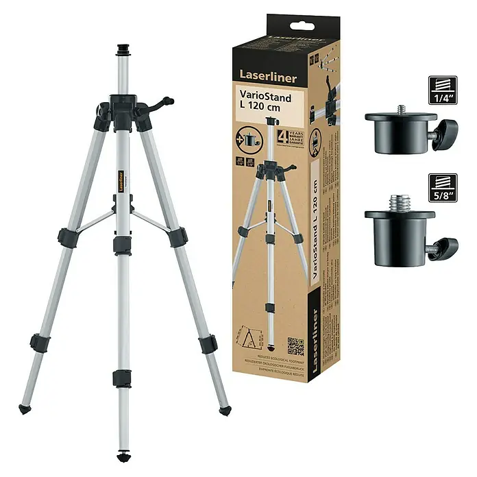 Laserliner Dreibeinständer L - Aluminium, Arbeitshöhe: 44 cm - 120 cm - Produktbild des Laserliner VarioStand L 120 cm, einem robusten und verstellbaren Stativ, ideal für Laser-Nivelliergeräte und andere Messinstrumente.