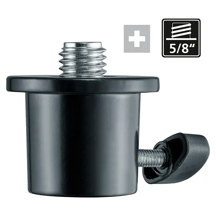 Laserliner Dreibeinständer L - Aluminium, Arbeitshöhe: 44 cm - 120 cm - Nahaufnahme eines schwarzen Stativadapters mit 5/8-Zoll-Gewinde und Feststellschraube.