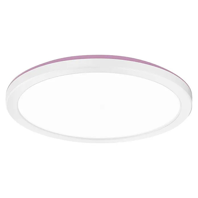 Osram Smart+ LED-Panel Ultra Slim Backlight - 19 W, Weiß, RGBW, Ø x H: 23,5 x 2,7 cm - Eine Nahaufnahme einer runden Deckenleuchte mit weißem Diffusor und einem subtilen lila Akzent, die ein modernes und elegantes Design aufweist.