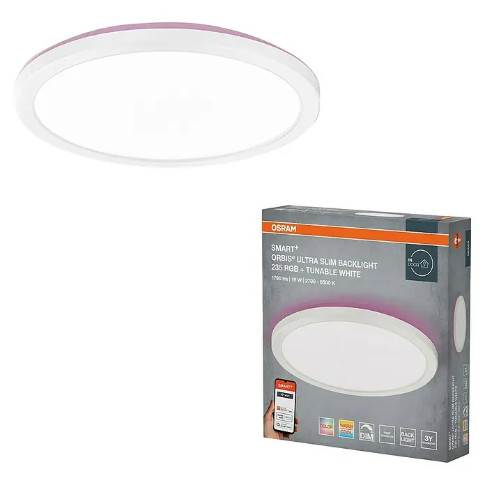 Osram Smart+ LED-Panel Ultra Slim Backlight - 19 W, Weiß, RGBW, Ø x H: 23,5 x 2,7 cm - Das Bild zeigt eine OSRAM SMART+ Orbis Ultra Slim Backlight Deckenleuchte mit RGB-Funktion und verstellbarem Weißton.