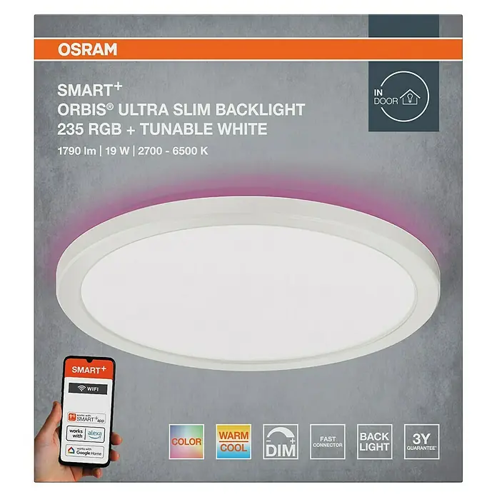 Osram Smart+ LED-Panel Ultra Slim Backlight - 19 W, Weiß, RGBW, Ø x H: 23,5 x 2,7 cm - Abbildung einer OSRAM SMART+ ORBIS® Ultra Slim Backlight Leuchte mit 235 RGB + Tunable White Funktion, ideal für Innenräume.