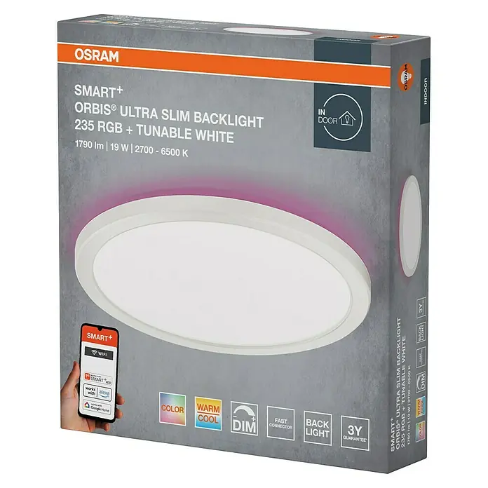 Osram Smart+ LED-Panel Ultra Slim Backlight - 19 W, Weiß, RGBW, Ø x H: 23,5 x 2,7 cm - Verpackung der smarten OSRAM ORBIS® Ultra Slim Backlight Deckenleuchte mit Farbwiedergabe und tunable white Funktion.