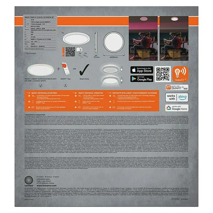 Osram Smart+ LED-Panel Ultra Slim Backlight - 19 W, Weiß, RGBW, Ø x H: 23,5 x 2,7 cm - LEDVANCE SMART ORBIS UL SLIM BL 235 RGBTW WT: Eine schlanke und intelligente Deckenleuchte für ein stimmungsvolles Zuhause.