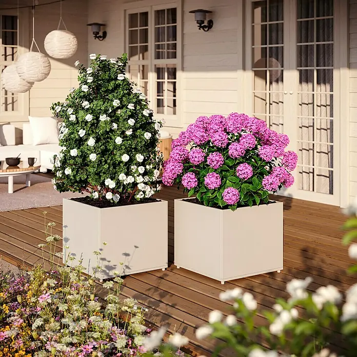 Sunfun Lumar Pflanzkübel eckig - Außenmaß (L x B x H): 50 x 50 x 45 cm, Stahl, Light-Greige - Zwei quadratische Pflanzkästen aus Metall, einer mit einer weißen Pflanze und einer mit einer lila Pflanze, auf einer Terrasse.