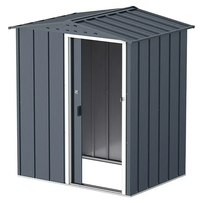 Duramax Gerätehaus Eco - 123 cm, 161,6 cm, Stahl, Anthrazit - Ein geräumiger grauer Geräteschuppen mit offener Tür, ideal für die Gartenaufbewahrung und Werkzeuge.