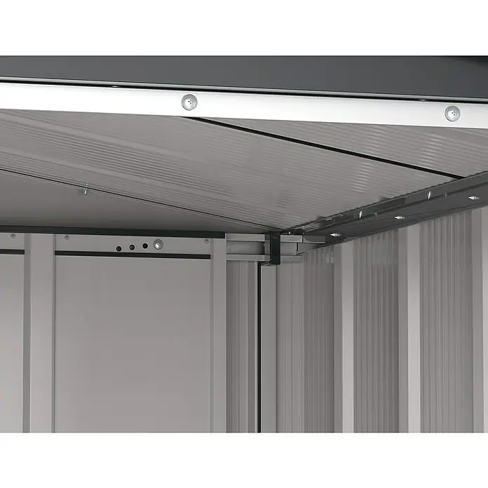 Duramax Gerätehaus Eco - 123 cm, 161,6 cm, Stahl, Anthrazit - Nahaufnahme des Innenraums eines Gerätehauses, der die graue Metallstruktur und die Befestigungselemente zeigt.