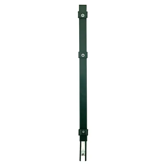 FA-Bausysteme Zaunpfosten Verlängerung - Höhe: 60 cm, Moosgrün, Stahl, Passend für: Doppelstabmattenzaunpfosten - Nahaufnahme eines grünen Metallpfostens mit drei eingelassenen Leuchten, ideal für Außenbereiche.