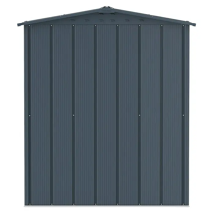 Duramax Gerätehaus Eco - 123 cm, 161,6 cm, Stahl, Anthrazit - Ansicht einer stabilen, grauen Gerätehaus-Fassade mit vertikalen Verstrebungen und einem Giebeldach für zusätzlichen Stauraum.