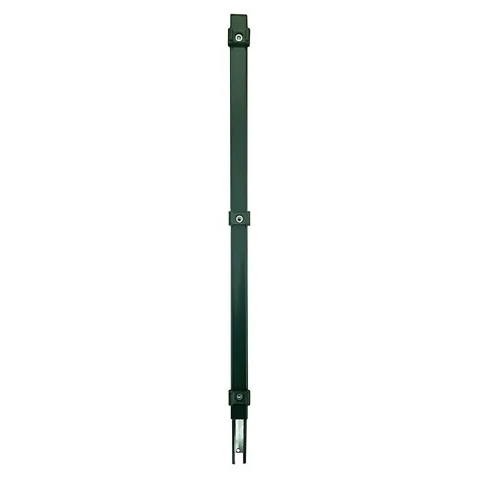 FA-Bausysteme Zaunpfosten Verlängerung - Höhe: 80 cm, Moosgrün, Stahl, Passend für: Doppelstabmattenzaunpfosten - Detailaufnahme eines grünen Produktes mit metallischen Befestigungen, die einen modernen und funktionalen Eindruck vermitteln.