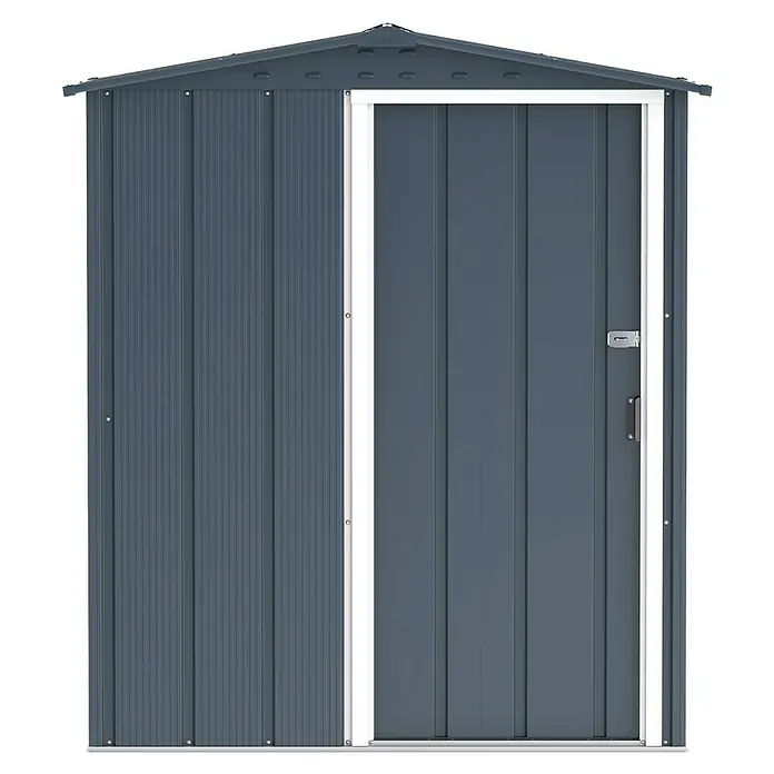 Duramax Gerätehaus Eco - 123 cm, 161,6 cm, Stahl, Anthrazit - Aufnahme eines Metallgartenschuppens mit Schiebetür und grauem Finish, ideal zur Aufbewahrung im Freien.