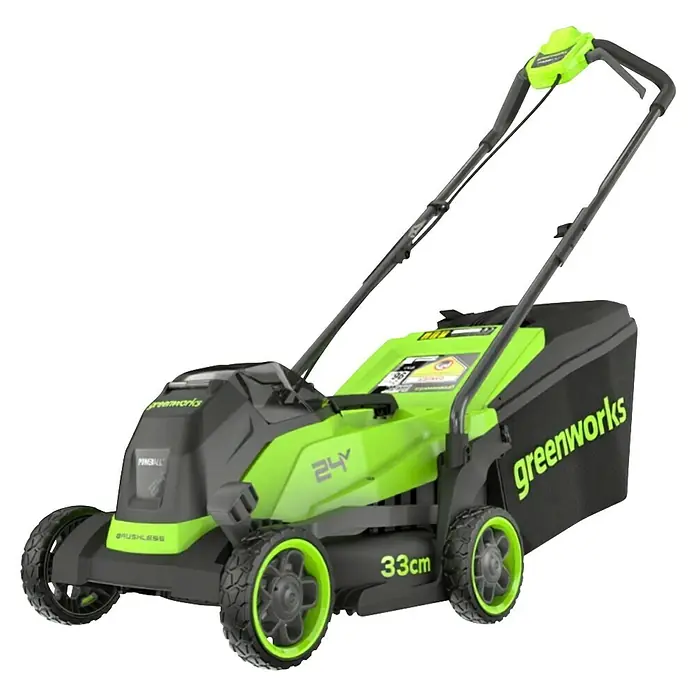 Greenworks Akku-Rasenmäher GW 24V BL 33 cm - 24 V, Ohne Akku, Schnittbreite: 33 mm - Akkubetriebener Greenworks Rasenmäher, 24V, mit schwarzem Grasfangkorb, ideal für kleine bis mittelgroße Gärten.