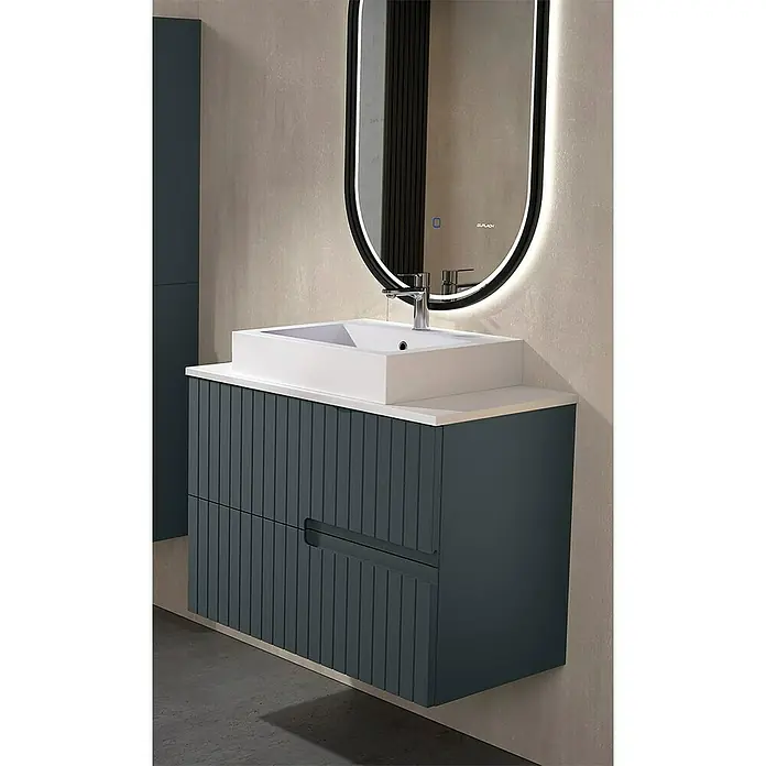 Duplach Mueble bajo de lavabo Abi - L x An x Al: 45 x 100 x 60 cm, Antracita - Un tocador moderno con elegantes cajones acanalados y un espejo retroiluminado para una estética de baño lujosa.