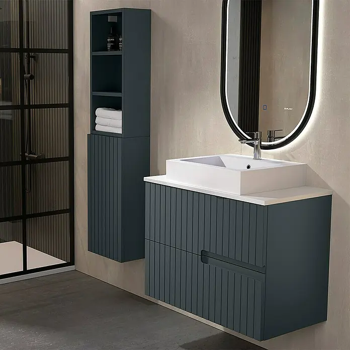 Duplach Mueble bajo de lavabo Abi - L x An x Al: 45 x 100 x 60 cm, Antracita - Conjunto de baño con mueble de lavabo, lavabo y espejo con iluminación LED, complementado con un armario alto para mayor almacenamiento.
