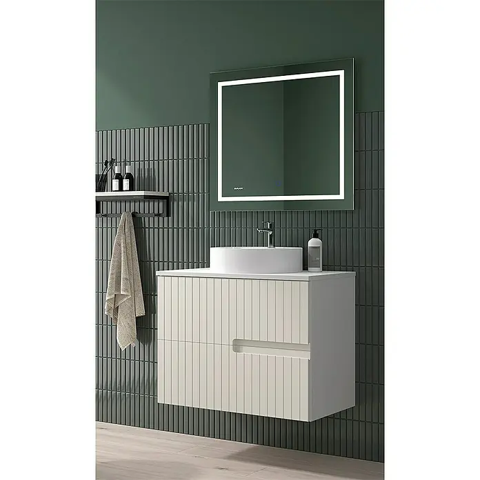 Duplach Mueble bajo de lavabo Abi - L x An x Al: 45 x 80 x 60 cm, Beige - Baño con tocador moderno blanco y espejo iluminado con LED contra una pared verde oscuro con azulejos acanalados.