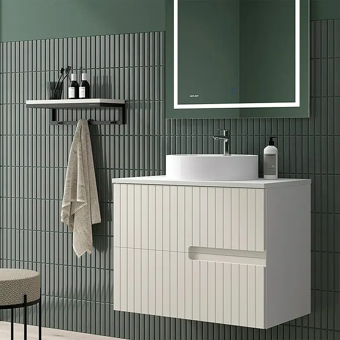 Duplach Mueble bajo de lavabo Abi - L x An x Al: 45 x 80 x 60 cm, Beige - Imagen de un baño moderno con un mueble de lavabo flotante blanco y un lavabo sobre encimera redondo.