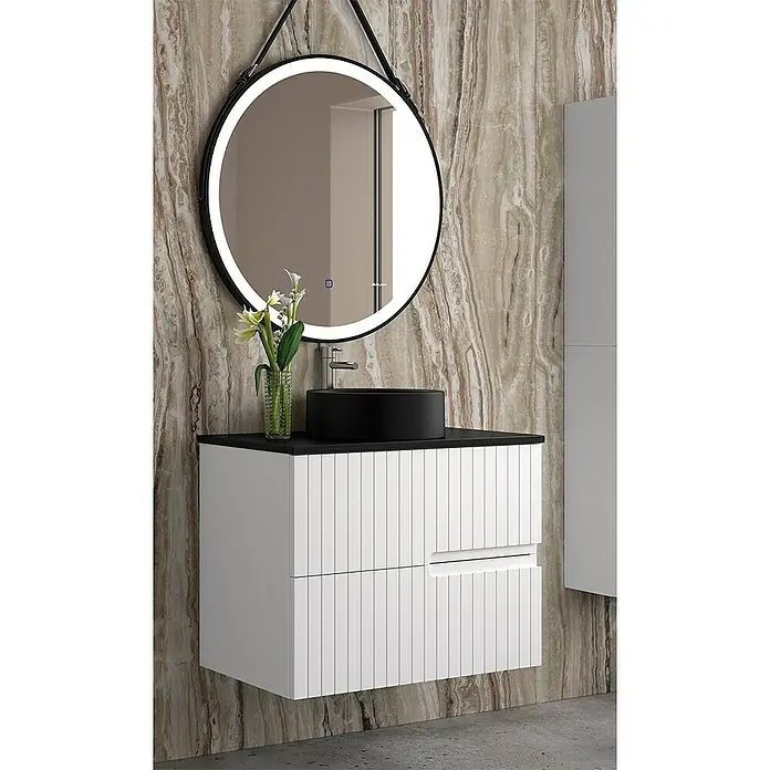 Duplach Mueble bajo de lavabo Abi - L x An x Al: 45 x 80 x 60 cm, Blanco - Un elegante lavabo de baño con un espejo redondo y un tocador moderno con cajones.