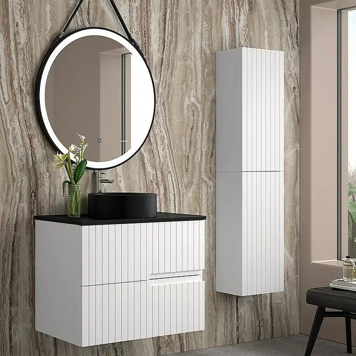 Duplach Mueble bajo de lavabo Abi - L x An x Al: 45 x 80 x 60 cm, Blanco - Conjunto de baño moderno con mueble de lavabo, lavabo sobre encimera, armario alto y espejo LED para un ambiente elegante.