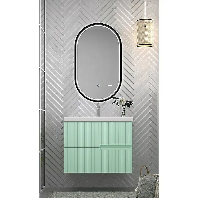 Duplach Mueble bajo de lavabo Abi - L x An x Al: 45 x 80 x 60 cm, Menta - Baño con tocador verde menta, espejo oval iluminado y lámpara colgante para una estética moderna en el baño.