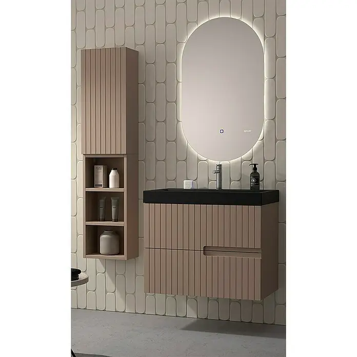 Duplach Mueble bajo de lavabo Abi - L x An x Al: 45 x 60 x 60 cm, Moka - Baño con elegante tocador en madera, complementado con espejo iluminado y armario alto a juego para mayor almacenamiento.