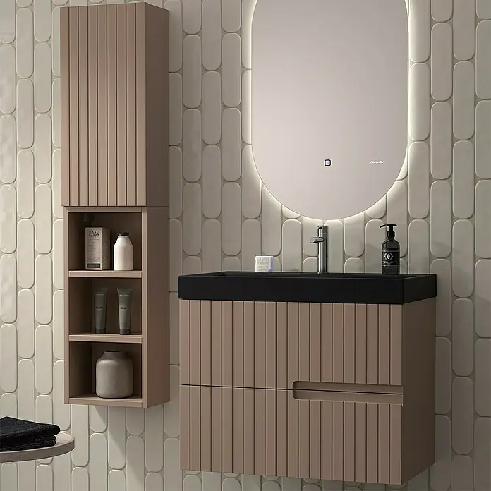 Duplach Mueble bajo de lavabo Abi - L x An x Al: 45 x 60 x 60 cm, Moka - Interior de baño moderno con mueble de lavabo con aspecto de madera, complementado con un espejo armario y un espejo ovalado con iluminación LED.