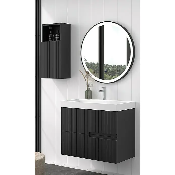Duplach Mueble bajo de lavabo Abi - L x An x Al: 45 x 80 x 60 cm, Negro - Elegante conjunto de baño con mueble de lavabo negro, armario de almacenamiento y espejo redondo con luz LED para un ambiente moderno.