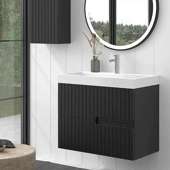 Duplach Mueble bajo de lavabo Abi - L x An x Al: 45 x 80 x 60 cm, Negro - Elegante mueble de baño con lavabo, armario y espejo. Diseño moderno para baños con amplio espacio de almacenamiento.