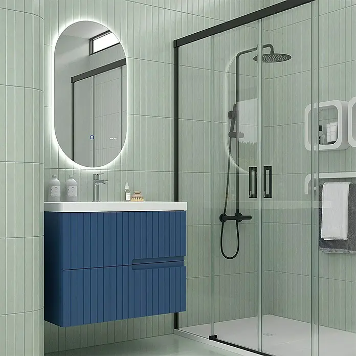 Duplach Mueble bajo de lavabo Abi - L x An x Al: 45 x 80 x 60 cm, Oceano - Elegante baño con tocador azul, espejo iluminado y ducha moderna. Diseño elegante para un ambiente relajante y funcional.