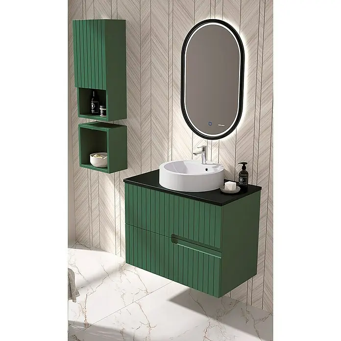 Duplach Mueble bajo de lavabo Abi - L x An x Al: 45 x 60 x 60 cm, Oliva - Conjunto de baño verde con lavabo, espejo y armarios. Diseño elegante y moderno.