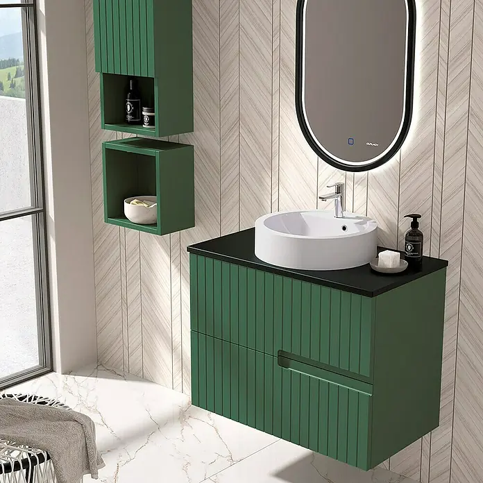 Duplach Mueble bajo de lavabo Abi - L x An x Al: 45 x 60 x 60 cm, Oliva - El lavabo verde del baño con el lavabo y el espejo añaden un toque moderno y elegante a la habitación.
