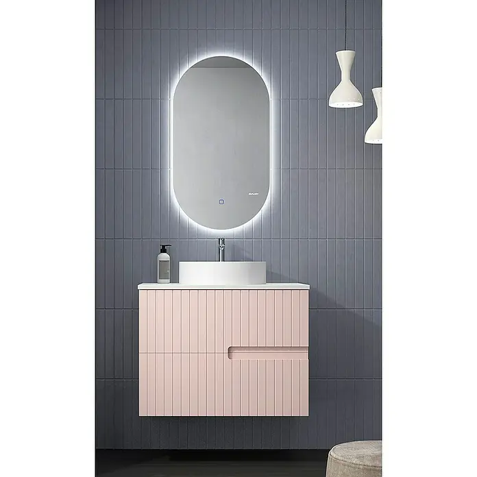Duplach Mueble bajo de lavabo Abi - L x An x Al: 45 x 60 x 60 cm, Rosa - Interior de baño elegante con espejo iluminado moderno, lavabo elegante y tocador rosa.