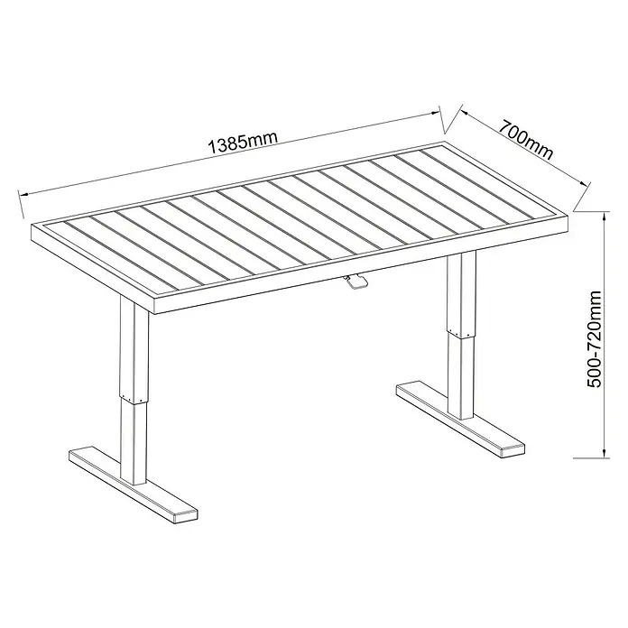 Sunfun Maja Garten-Loungetisch - L x B x H: 138,5 x 70 x 72 cm, Stahl, Night-Grey - Darstellung eines höhenverstellbaren Schreibtisches mit den Maßen 1385 mm Länge, 700 mm Breite und 500-720 mm Höhe.