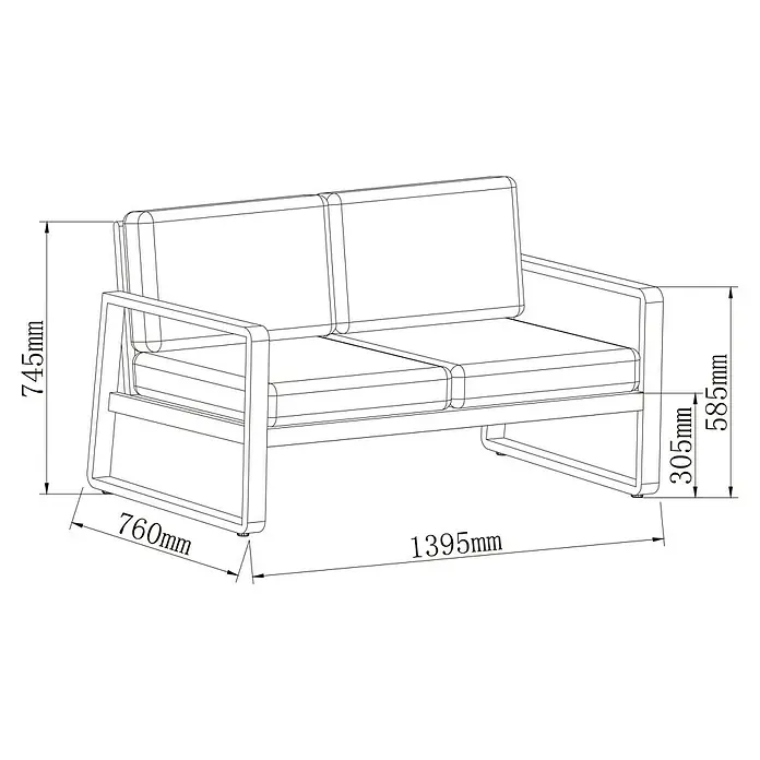 Sunfun Maja Loungesofa 2-Sitzer - B x T x H: 139,5 x 76 x 74,5 cm, Aluminium, Olefin, Night-Grey - Abbildung eines zweisitzigen Sofas mit den Maßen 745 mm Höhe, 1395 mm Länge, 760 mm Tiefe, Armlehnenhöhe 585 mm und Sitzhöhe 305 mm.