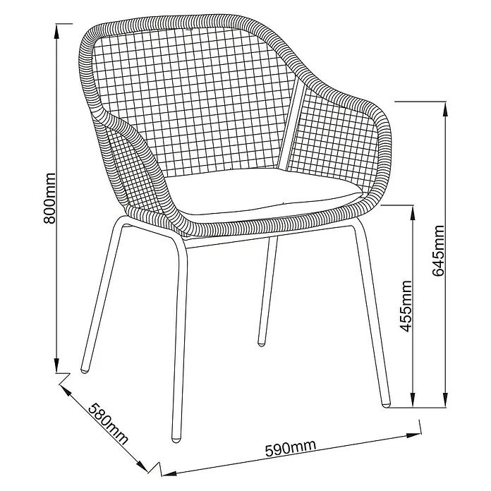 Sunfun Sarah Gartensessel Rope - Stahl, Olefin, Night Grey, B x T x H: 59 x 58 x 80 cm - Technische Zeichnung eines Korbsessels mit Maßangaben zu Höhe, Breite und Tiefe.