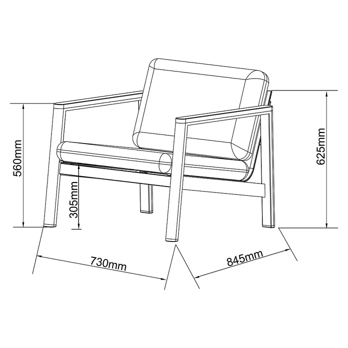 Sunfun Solo Loungesessel - B x T x H: 73 x 84,5 x 62,5 cm, Aluminium, Olefin, Light-Greige - Schema des Sessels mit Maßen.